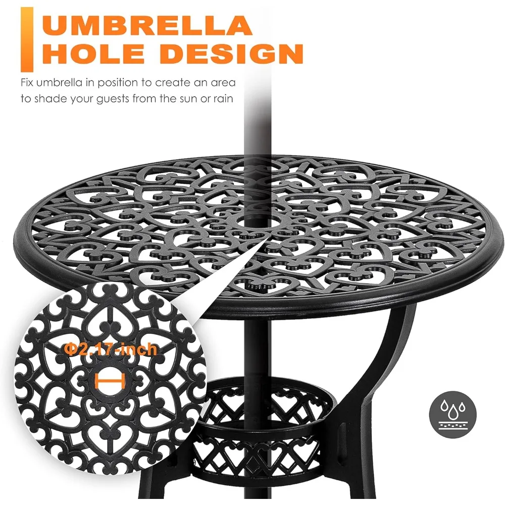 طقم بيسترو خارجي مكون من 3 قطع مبطن، طاولة مستديرة من الألومنيوم المصبوب، فتحة مظلة، كرسيين، أثاث الفناء