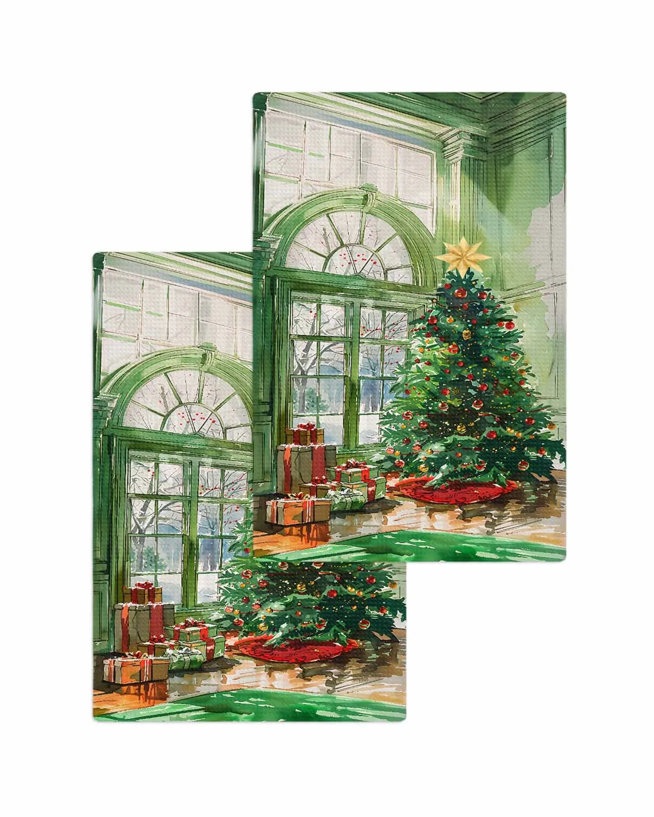 Christmas Tree Watercolor Lantern Gift Window View 30*30cm Waffle Microfiber Kitchen Towel Cleaning Cloth Scouring Wiping Rag