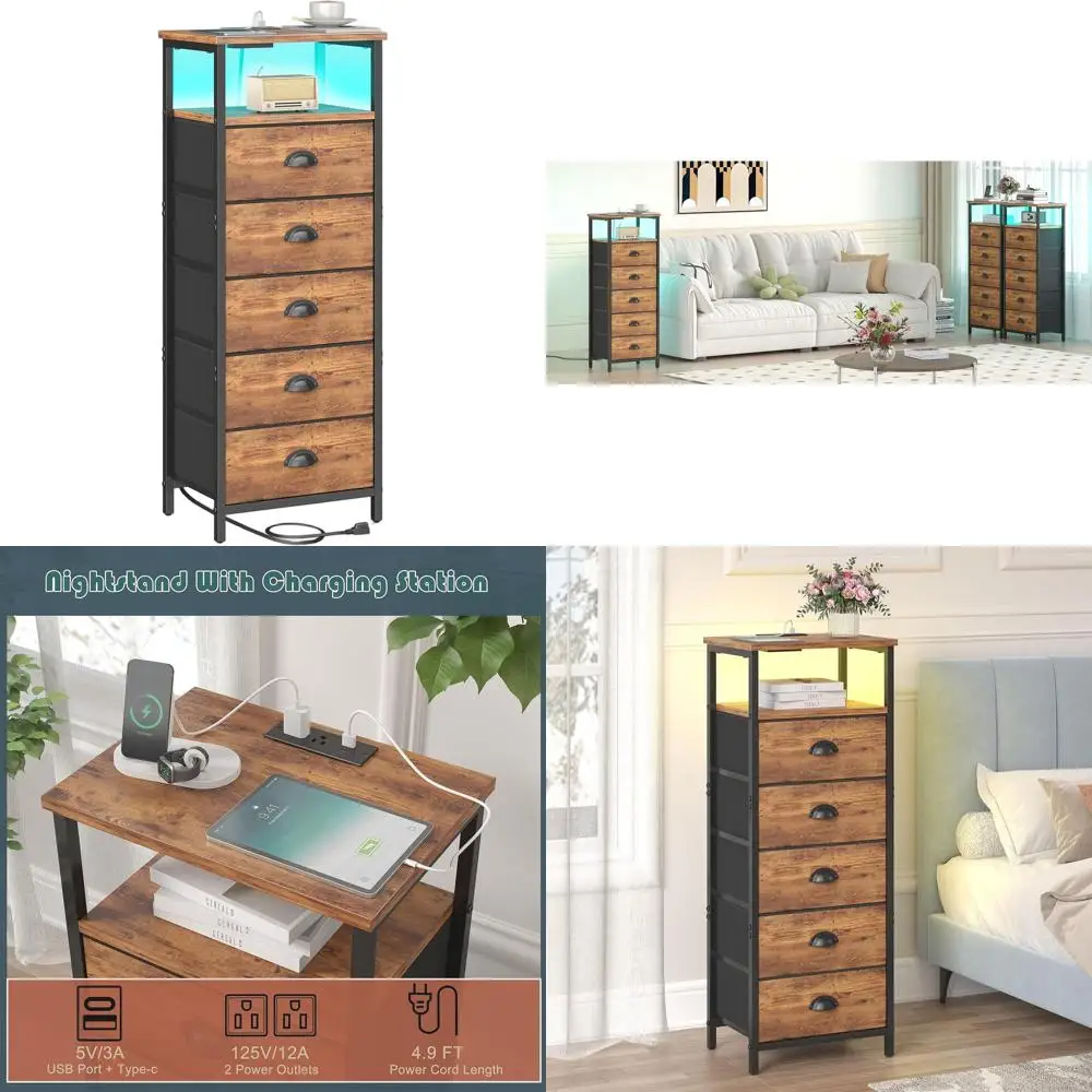 

Прикроватная тумба в деревенском стиле, коричневая, двухъярусная, с 5 ящиками и зарядной станцией