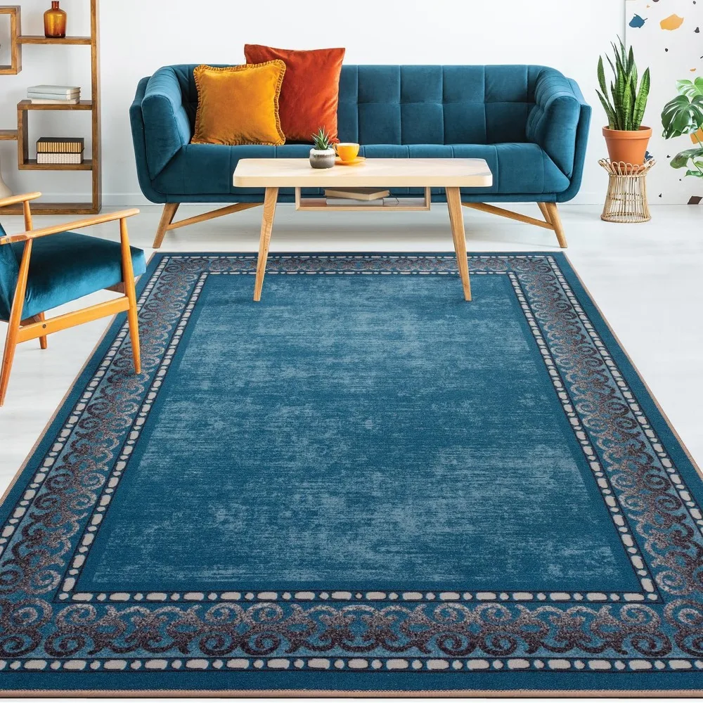 

Antep Rugs Alfombras Bordered Modern 4x6 Non-Slip (Non-Skid) Low Pile Rubber Backing Indoor Area Rug (Turquoise Blue, 4' x 5'8)