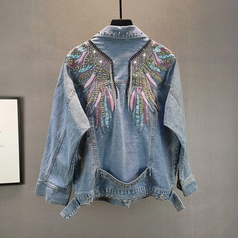 

2024 New spring Autumn Fashion Rivet Denim Jacket Woman Long Sleeve embroidery Tassel Jean Coat Female loose Outerwear tide T043