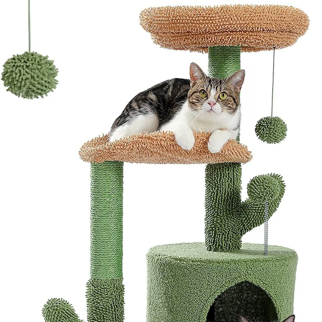Eco-Friendly Cactus Shaped Large Cat Tree Wood Construction with Sisal Scratching Ramp Indoor Kitten Cat Toy Cat Scratcher