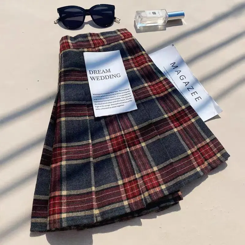 Plaid Soft Pleated Skirt 2024 Autumn Winter New High Waist Preppy Style A-line Skirt Women Clothing Korean Fashion Sweet Skirt