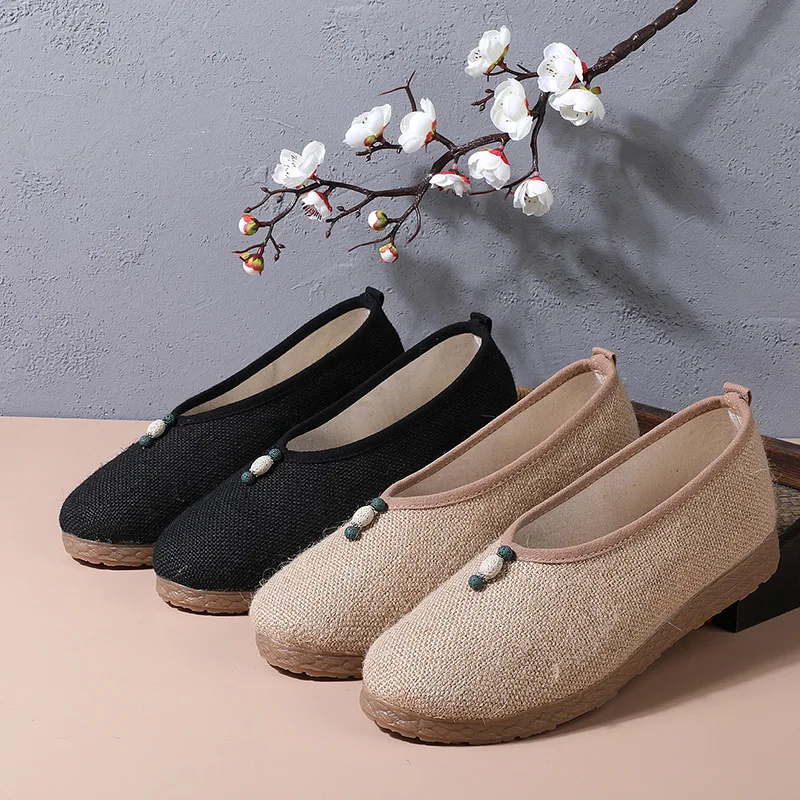 

2026 Женские черные и бежевые льняные туфли с традиционным узлом на плоской подошве, удобная повседневная повседневная обувь Q-197