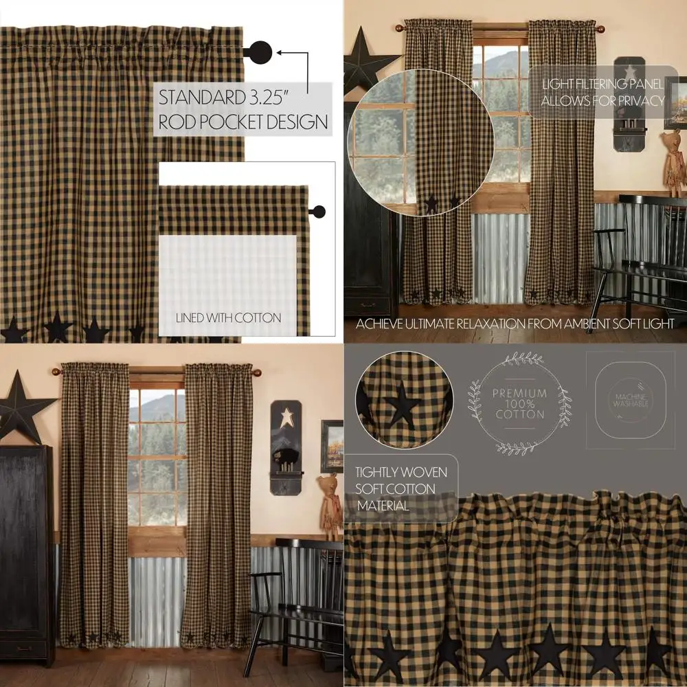

King Size Black Cotton Curtain Panels with Applique and Tie Backs