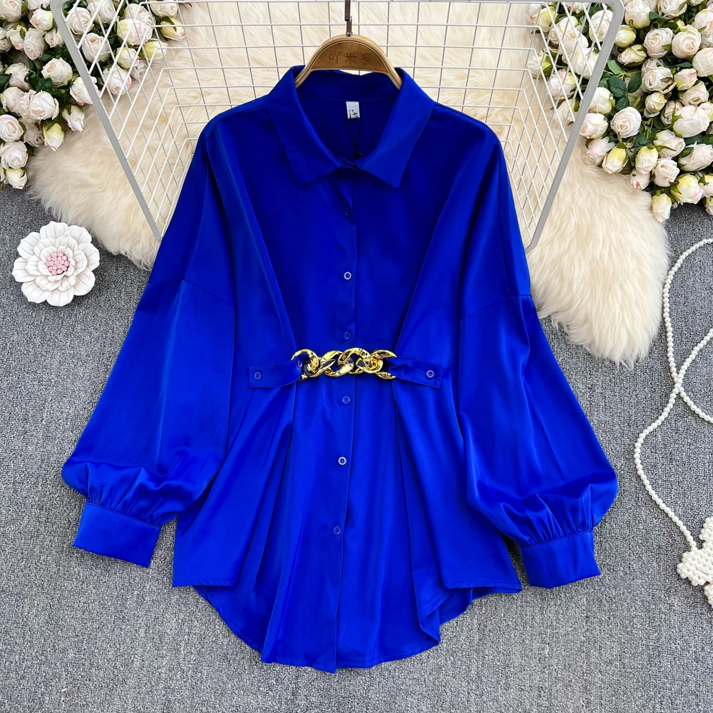 Spring Women Blouses Lantern Sleeve Turn-Down Collar With Belt Female Shirts Vintage Elegant Temperament Ladies Mid-Length Tops