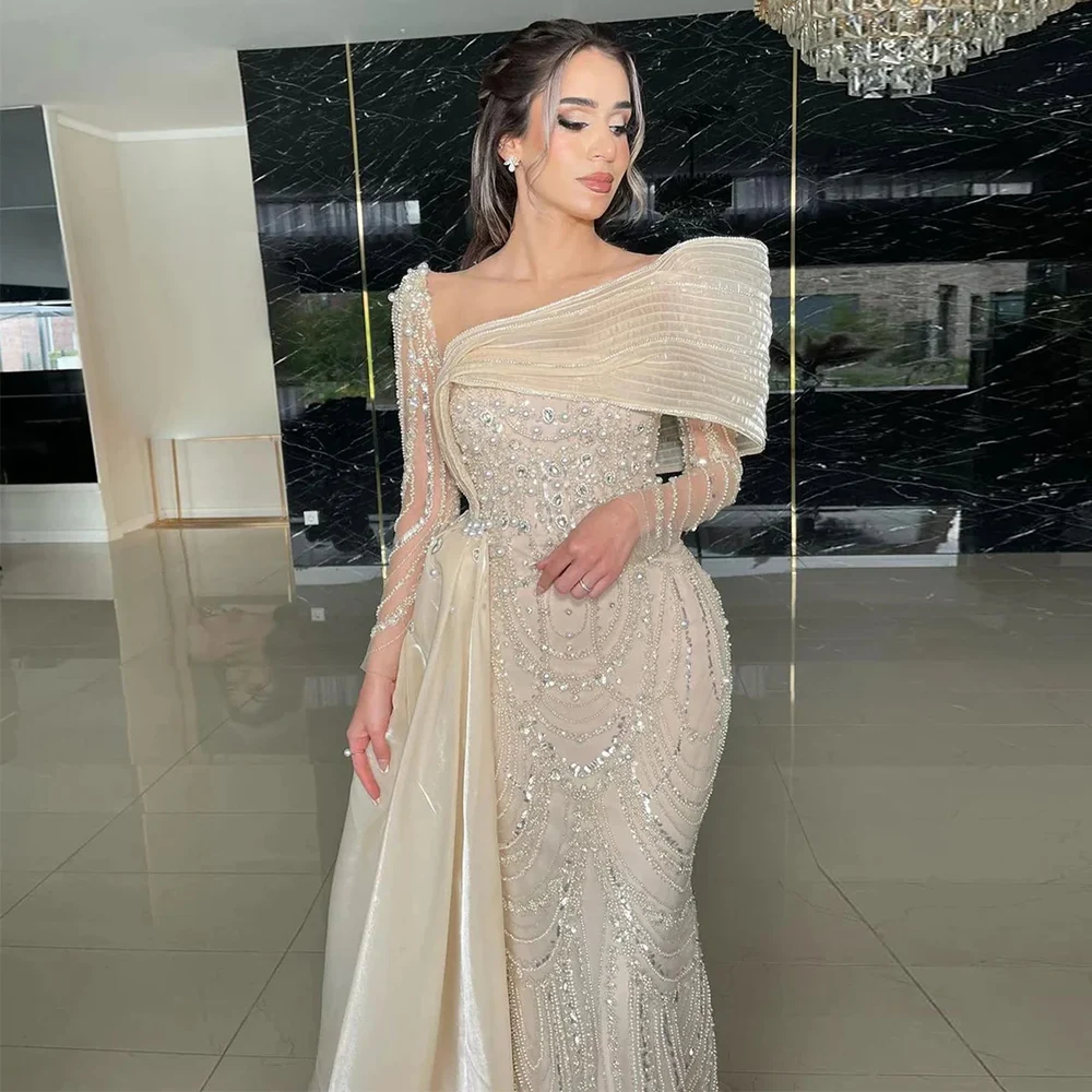 

Saudi Arabia Luxury Evening Dresses Jersey Mermaid/Trumpet Celebrity Gown Ivory Off-the-shoulder Pearls Beading Prom Dress Long