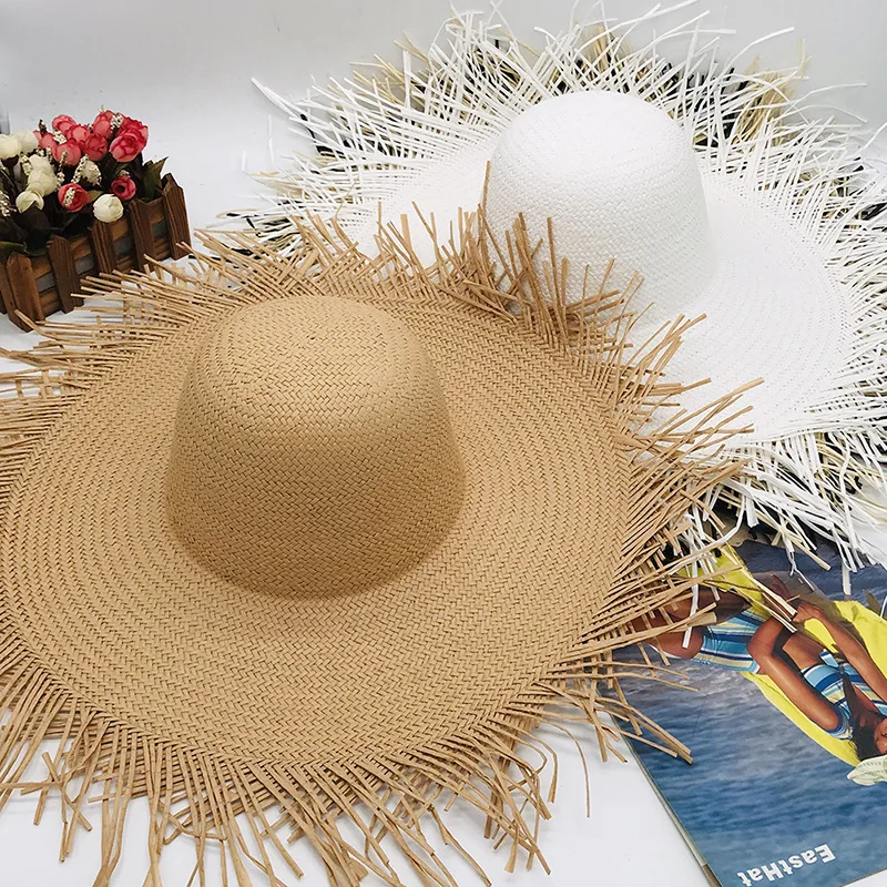 New handmade women\'s straw hat sun hat with big wide brim for girls high quality natural raffia Panama beach straw hat vacation