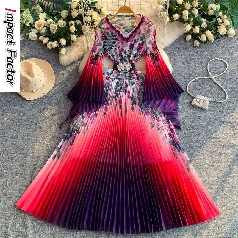 Miyake Commuter Wind Gradual Change Printed Dress Women's High Sense V Neck Long Sleeve Slim High Waist Big Swing Pleated Dress
