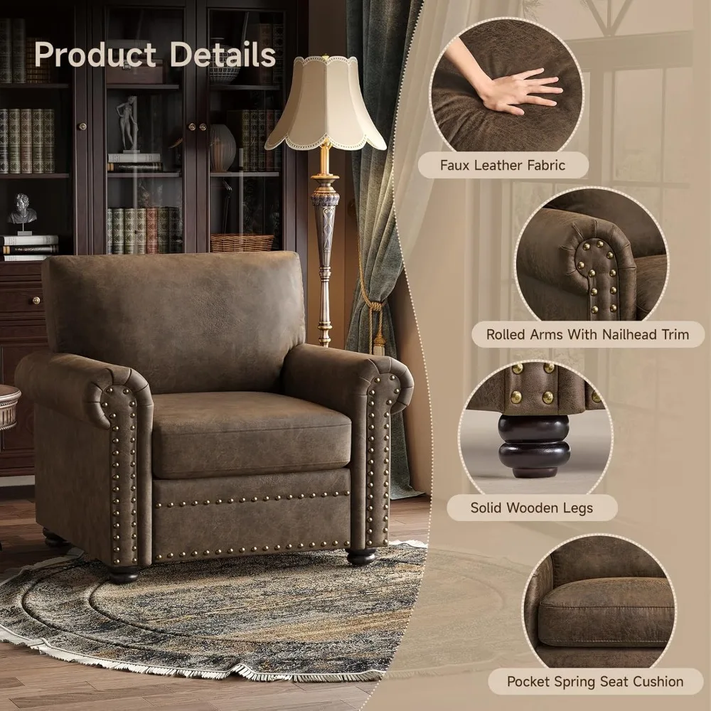 كرسي أنيق من الجلد الصناعي مع حواف رأس أظافر لغرفة المعيشة، كرسي بذراعين من القطيفة على أرجل خشبية صلبة #3