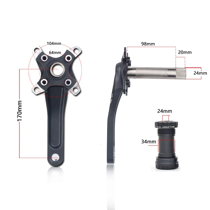 RACEWORK Mountain Bike Crankset 104BCD 170mm MTB Crank Set With BB Bottom Bracket 32T 34T 36T 38T Aluminum Alloy