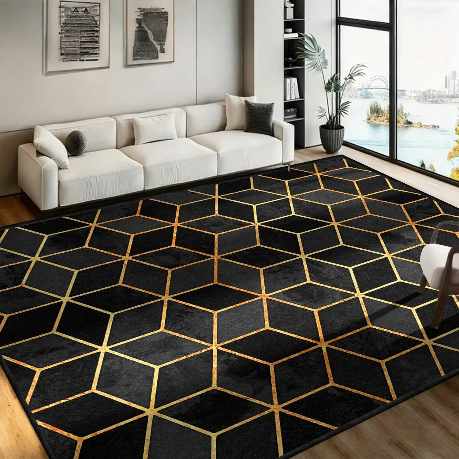 1pc 2D Flat Black Gold Hexagon Geometric Printed Floor Mat, Decorative Rug for Living Room, Bedroom, Office, Home Decor