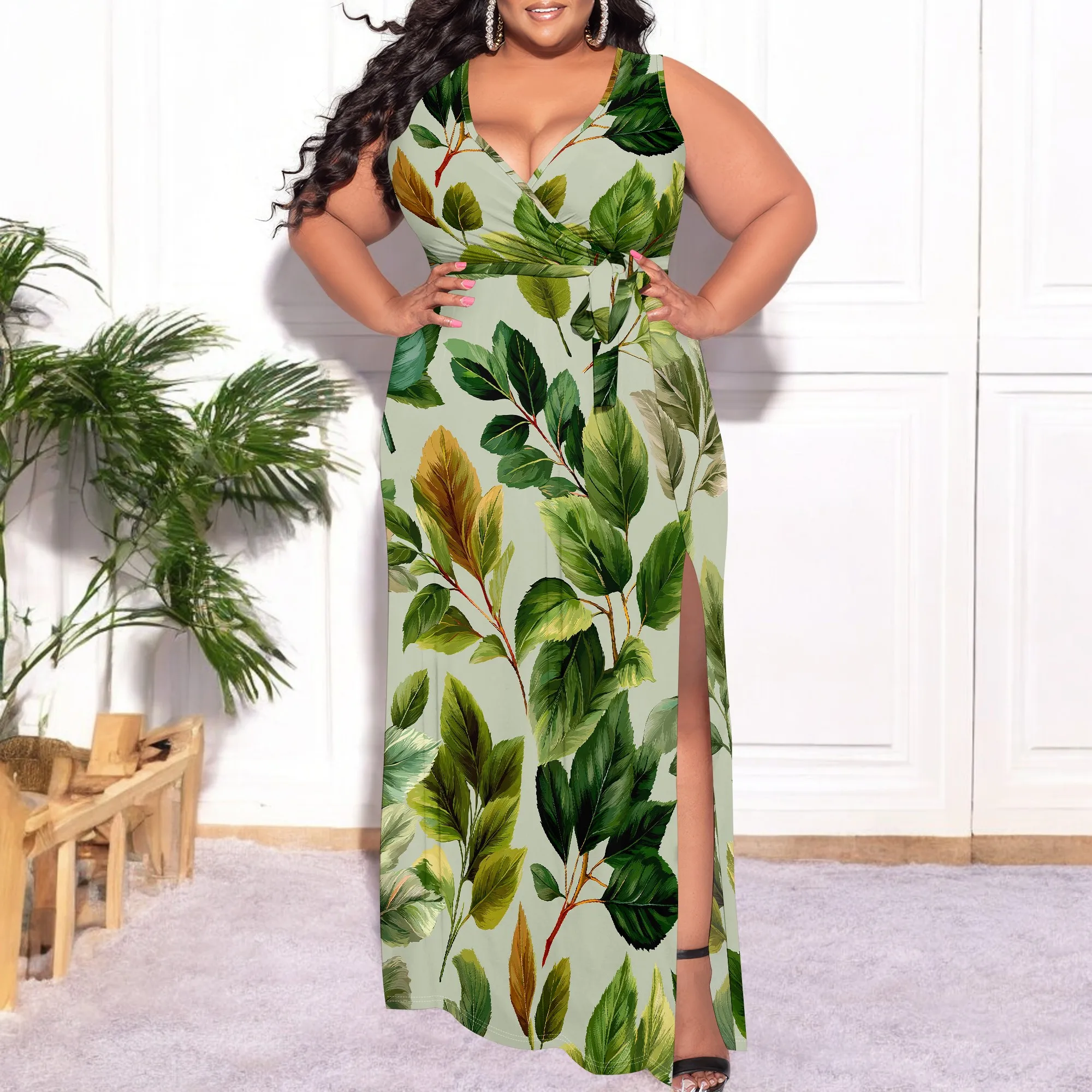 

Leaf Print Women's Maxi Dress 2025 New Arrival Sleeveless Wrap Dress with Slit XL-6XL