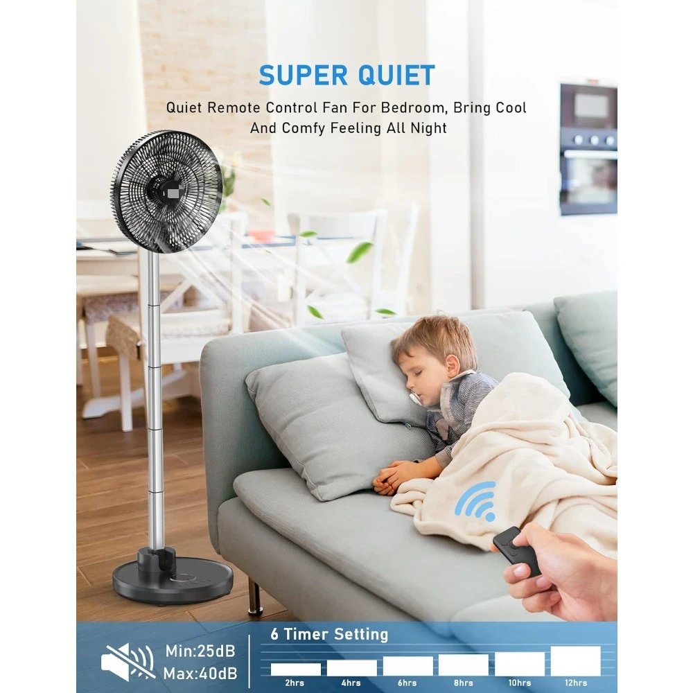 Standing Fan 12” Foldable Portable Quiet Floor Fan 12000mAh Rechargeable Pedestal Fan with Remote, Timer Setting