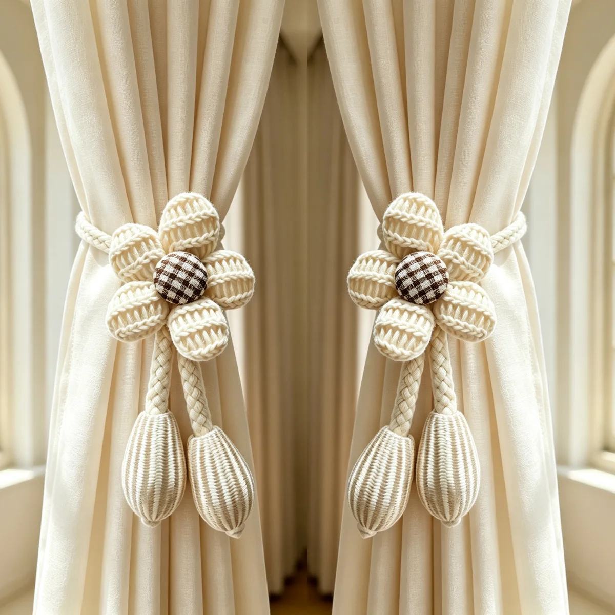 2Pcs Knitted Flower Curtain Tiebacks, Rustic Country Style, Hand‑Braided Rope Floral Curtain Tie Ropes for Living Room Bedroom W