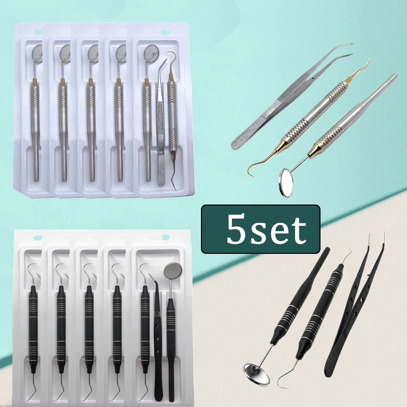 

5set Dental Instruments Stainless Steel Mirror Tweezers, Probe Set - Teeth Cleaning Tools for Dentist