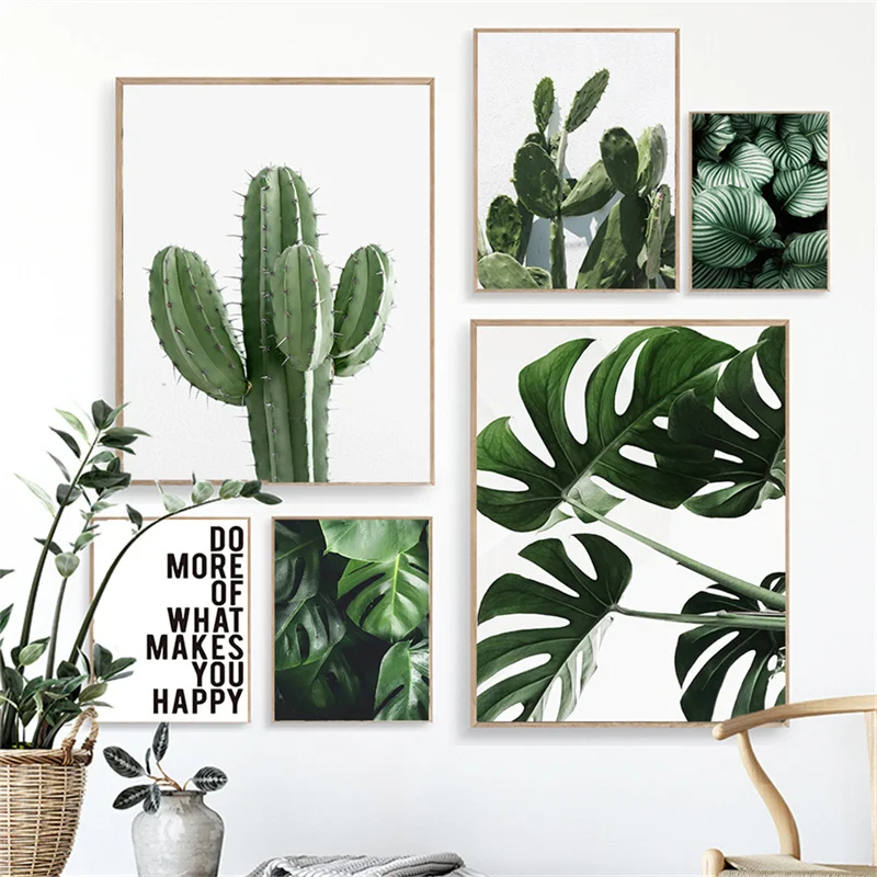 Pintura de planta verde, póster de Monstera, cuadro sobre lienzo para pared, carteles de Cactus de hojas nórdicas para sala de estar, dormitorio, decoración del hogar