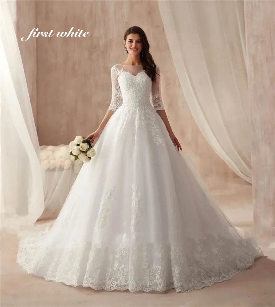 

First white Customized Scoop Neck Half Sleeves Wedding Dress Back See Though Lace Up or Zipper Bridal Gowns