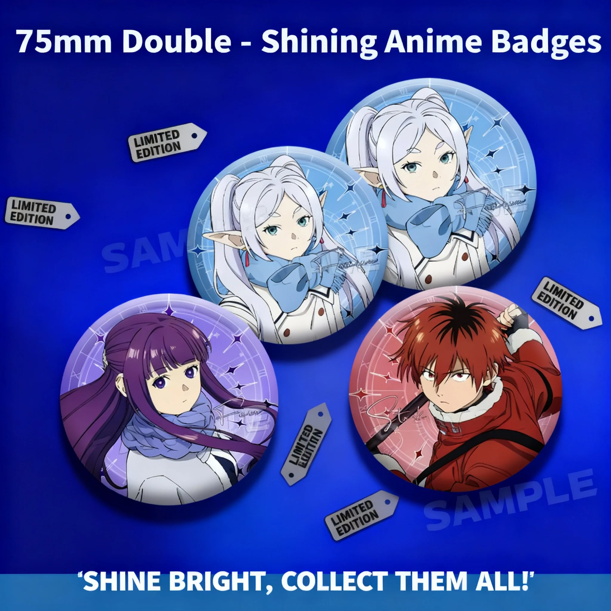 

Frieren Beyond Journey's End New Art Frieren Fern Stark 75mm Double Flash Glitter Badge Anime Badge Collectibles Gift