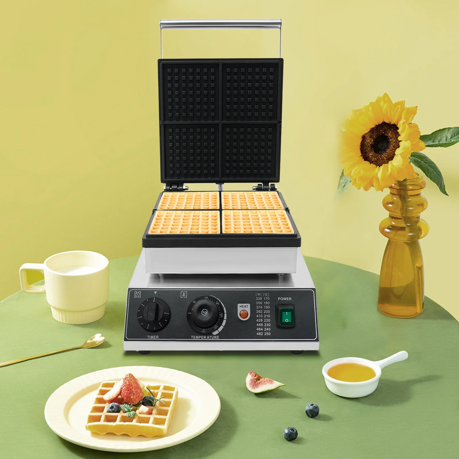 Commercial Waffle Maker, Non Stick Waffle Baker Machine With 122-572℉ Temp Range and Time Control, for Cafeterias, Bakeries