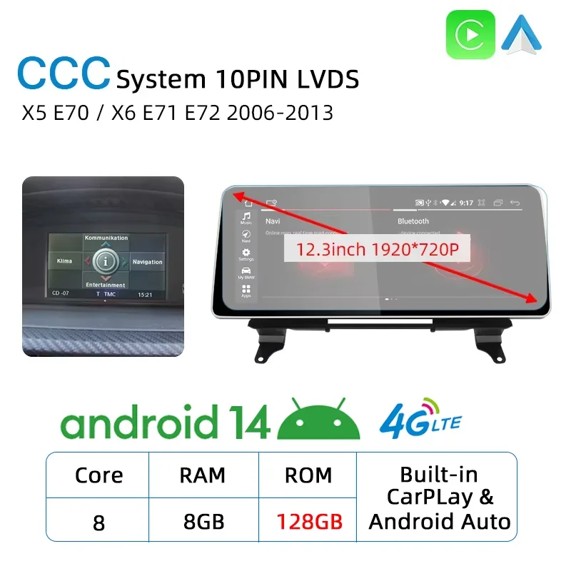 12.3inch Android 14 Carplay，BMW X5 E70 X6 E71 2007-2013 Car Multimedia DVD Player Navigation Auto Radio IPS Touch Screen