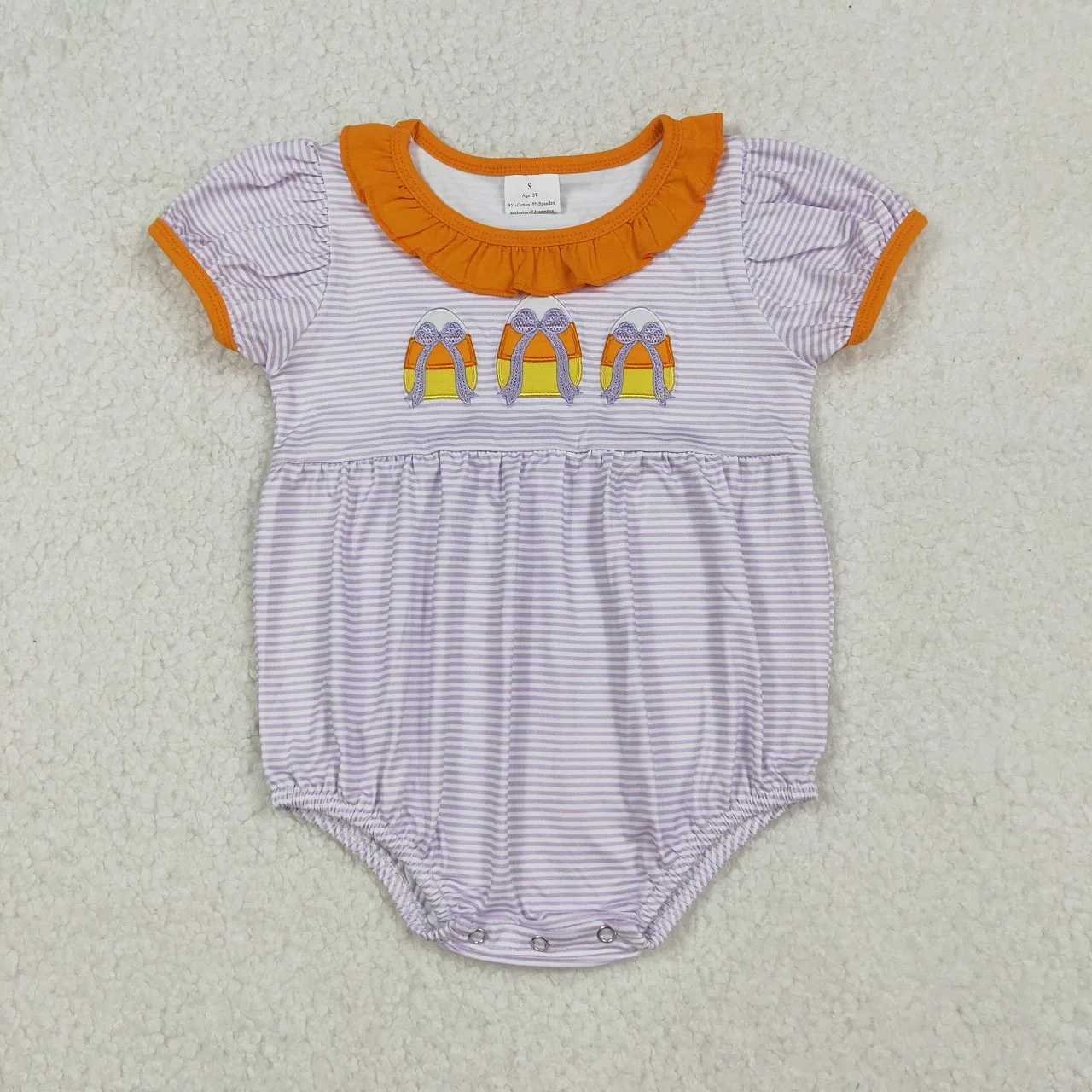 

Wholesale Kids Girl Halloween Jumpsuit Children Newborn Embroidery Bows Purple Stripes Bubble Infant Romper Toddler Clothes