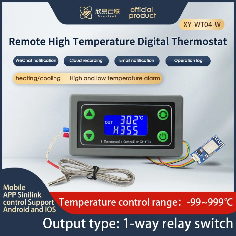 WIFI Remote High Temperature K-type Thermocouple High Temperature Controller -99~999℃ Digital Smart Thermostat High Low Alarm