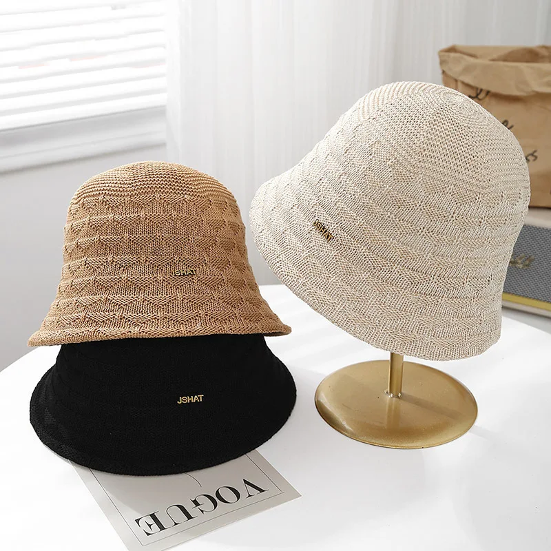 Women's Hollow Knit Bucket Hat Metal Label Design Foldable Fisherman Cap For Spring/summer Beach & Travel Sunshade Sun Hat