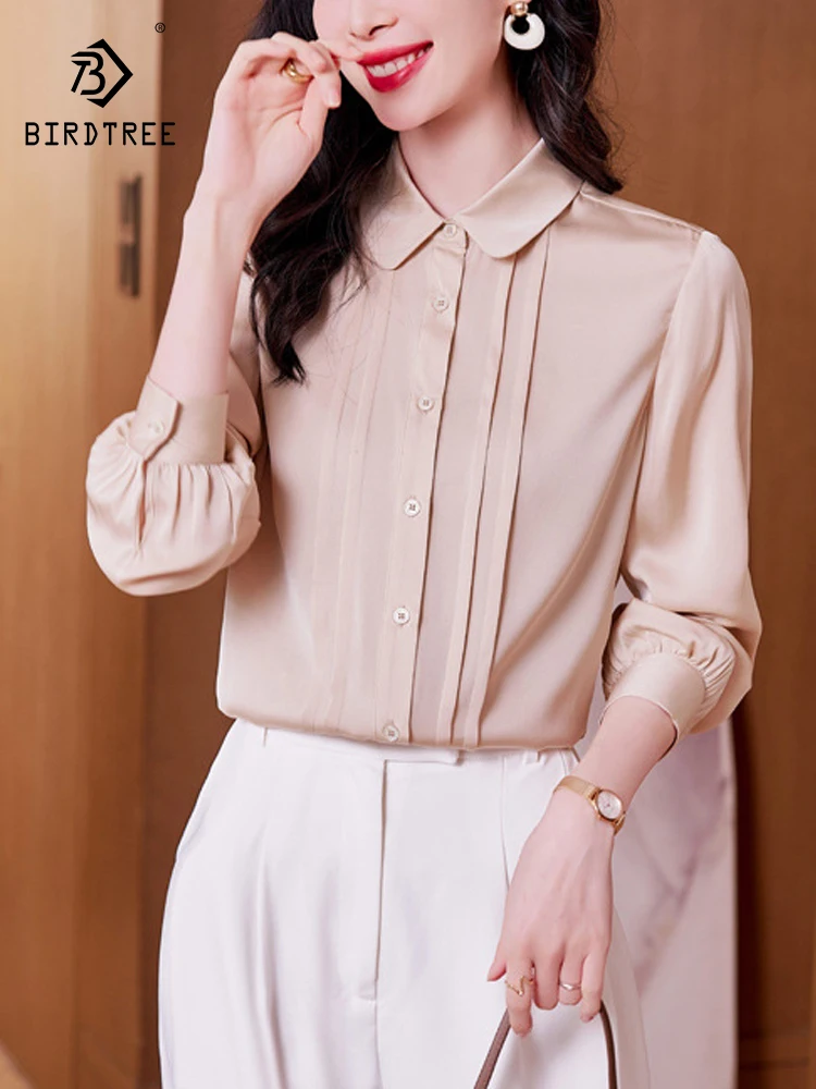 

BirdTree 91.2% Real Silk Elegant Shirt, Women's Long Sleeve Lapel, OL Temperament Solid Blouses, 2024 Spring Summer T43653QC