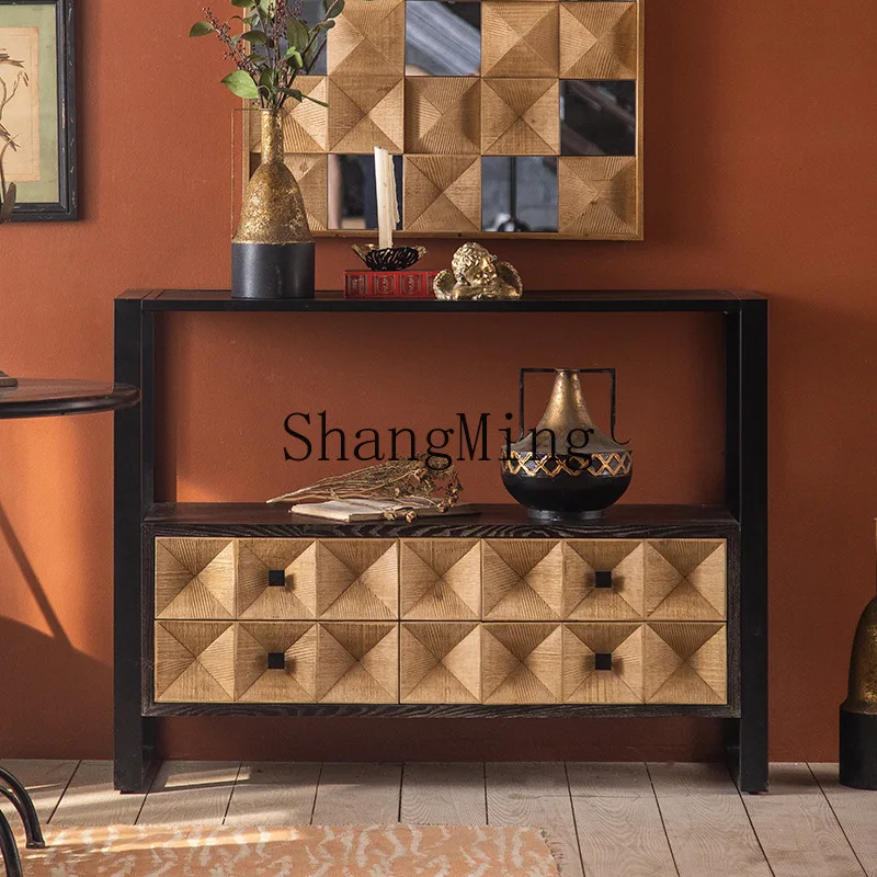 Tavolo da ingresso di lusso leggero in legno massello SM, decorazione del corridoio d'ingresso del soggiorno contro il muro, tavolo lungo con cassetti