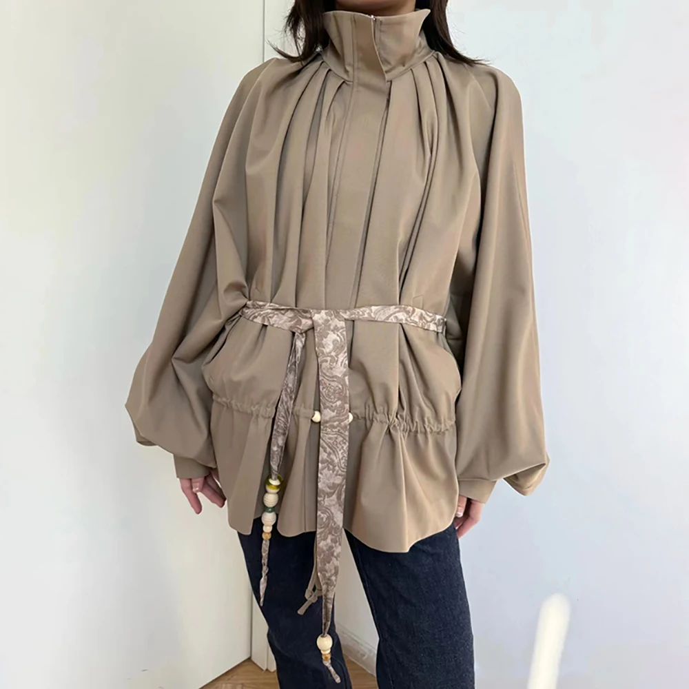 

Wooden Bead Ribbon-Trimmed Women's Jacket Y2K Drawstring Waist Elegant Commuter Batwing Sleeve Oversized Coat 2025 Fall New