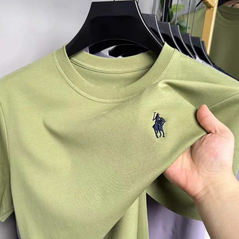 

Футболка мужская с круглым вырезом, брендовая тенниска из шелка и хлопка с короткими рукавами, модный дизайнерский Роскошный топ с вышивкой пони, лето 2024