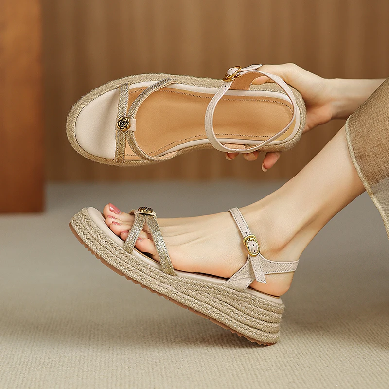 2026 new summer women sandals natural leather plus size 22-25.5cm sheepskin+weave+cowhide+pigskin metal platform women slippers