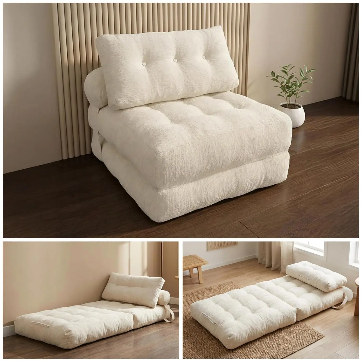 #Folding Sofa Bed Chenille Shredded Foam Chaise Lounge Sleeper Floor Living Bedroom Kids Apartment Ivory