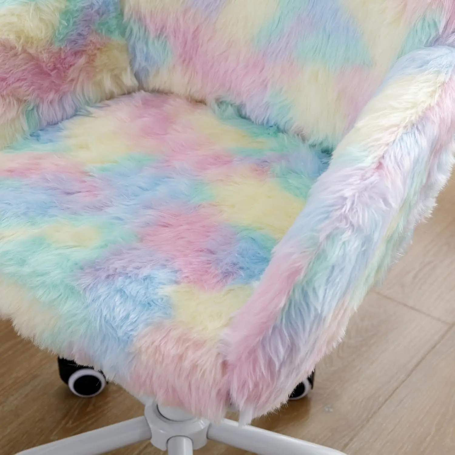 Faux Fur Colorful Upholstered Computer Chair for Boys and Girls, Cute Study Swivel Height Adjustable Arm Chair for Child, Rainbo