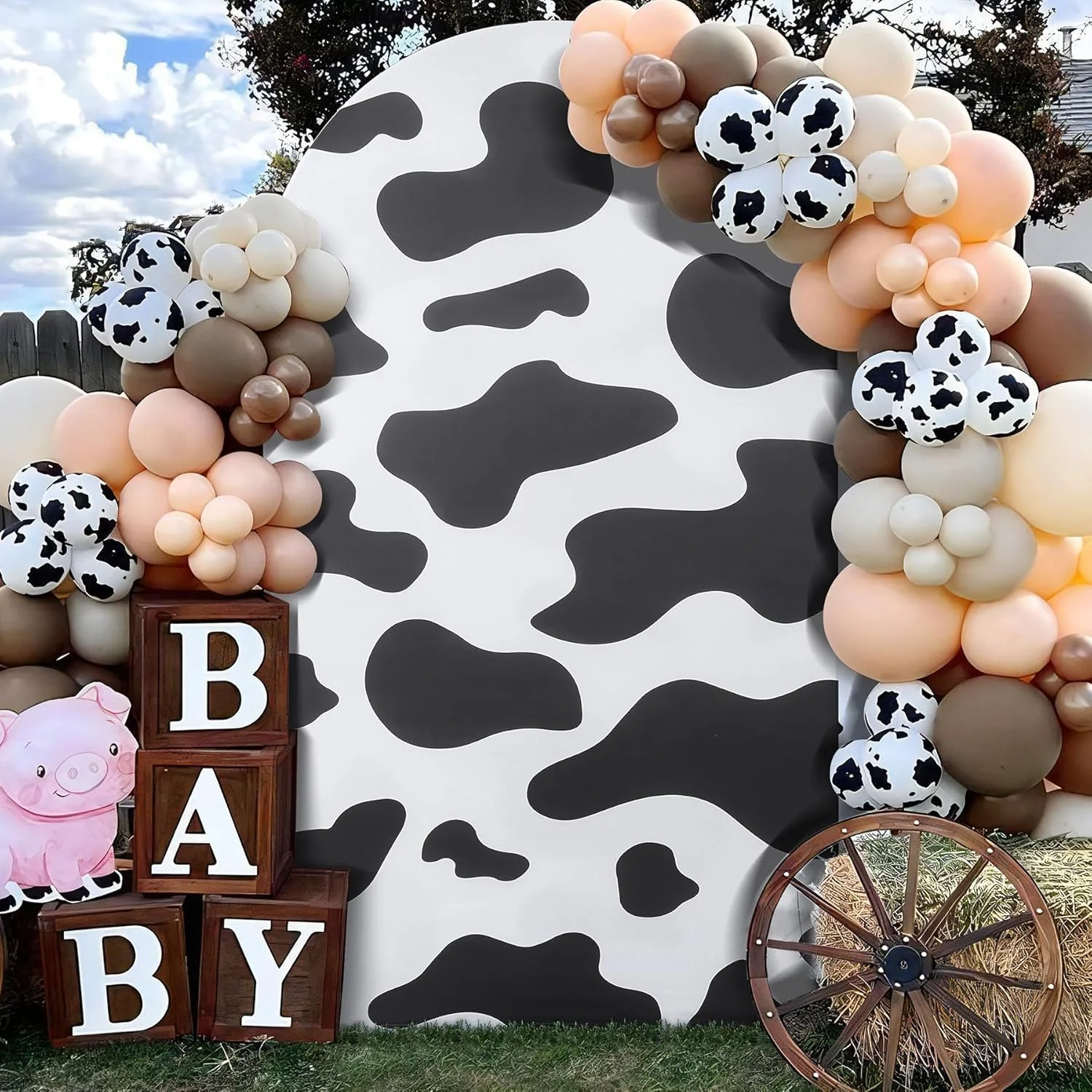 6,56 Fuß große Kuhbogen-Ständerabdeckung – knitterfreier Bauernhof-Natur-Spandex-Bogenabdeckung für Babyparty-Motto-Geburtstagsfeier-Fotohintergrund