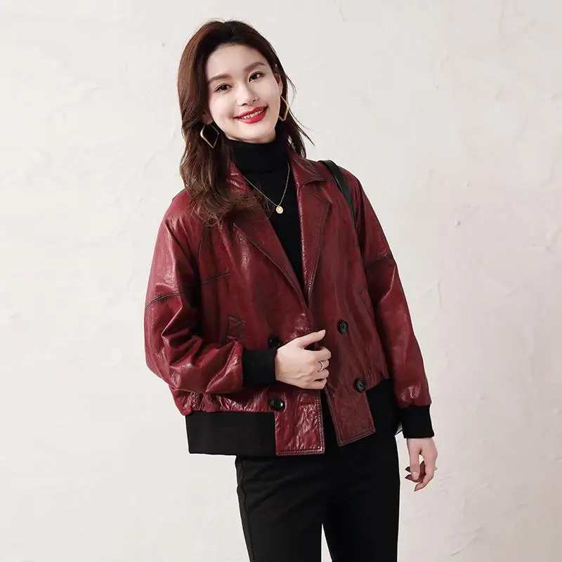 Women\'s Leather Jacket Suit Collar Double Breasted Burgundy Oil Wax Cow Leather Baseball Uniform Short Coat Giacca Pelle Donna