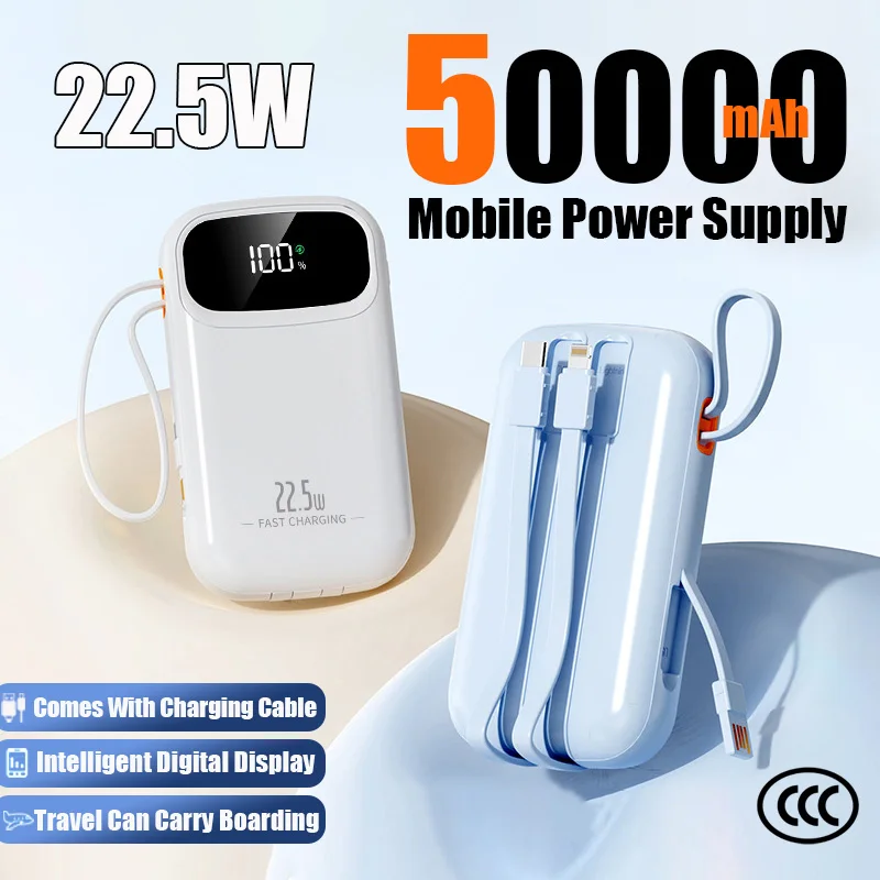 

Портативный аккумулятор большой емкости 50000 мАч с 3 шнурами питания с поддержкой быстрой зарядки 22,5 Вт, подходит для Samsung Xiaomi IPhone