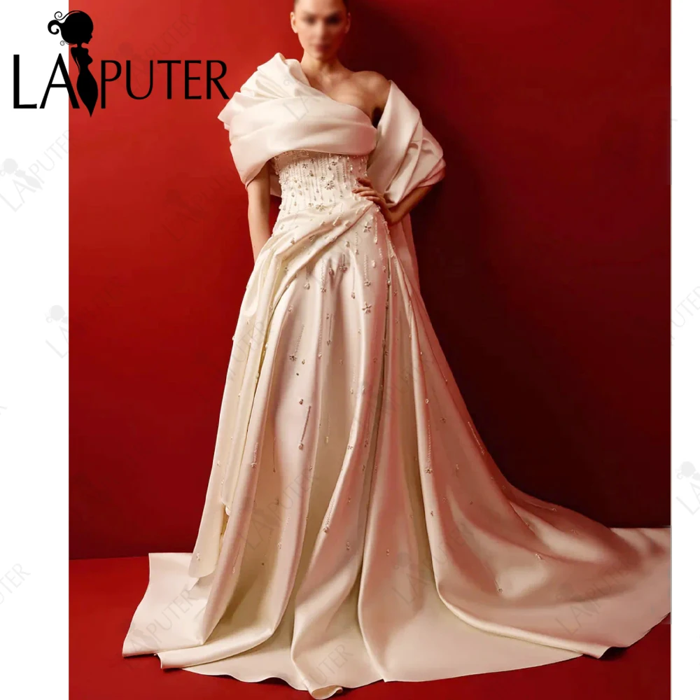 

Luxury Elegant Satin A line Evening Dress Bridal Wedding Dress Wrapped Neck Back Long Cape Pearls Beaded Celebrity Dress 2025