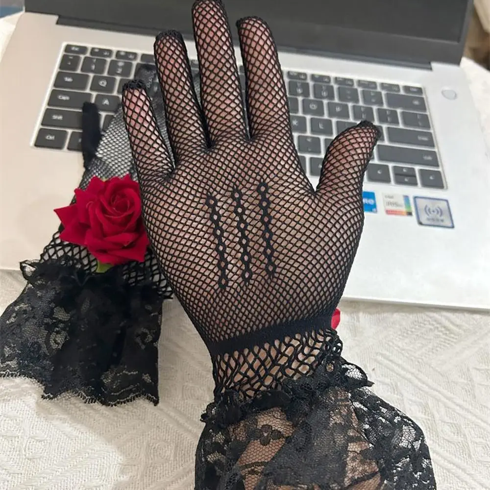 Vintage Rose Flower Fishnet Gloves Thin Hollow Out Mesh Mittens Punk Gothic Lace Gloves Party