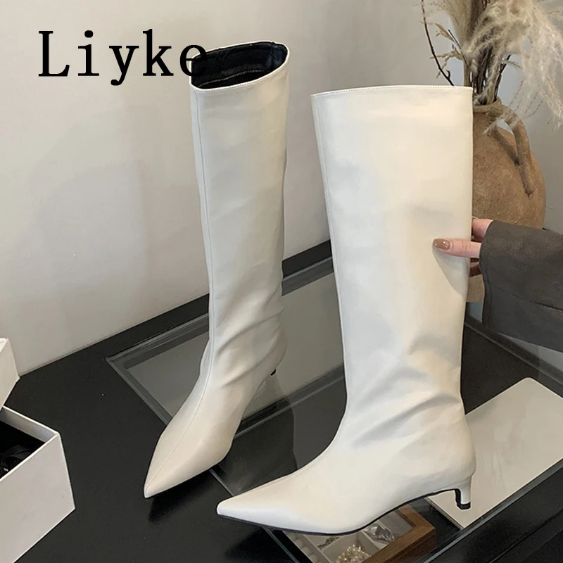 Liyke 2025 novo sexy dedo do pé apontado salto baixo joelho botas altas feminino preto aconchegante couro do plutônio primavera outono sapatos longos bombas femininas