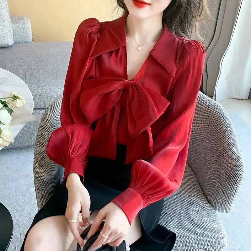 Elegant Bow Lantern Long Sleeve Chiffon Shirt Women\'s Clothing 2023 Spring New Fashion Office Lady Commuter Loose V-Neck Blouses