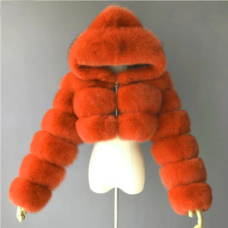 European and American Orange Imitation Fox Fur Hooded Coats Woman Stitching Long Sleeve Pink Fluffy Jacket Commute Faux Fur Coat