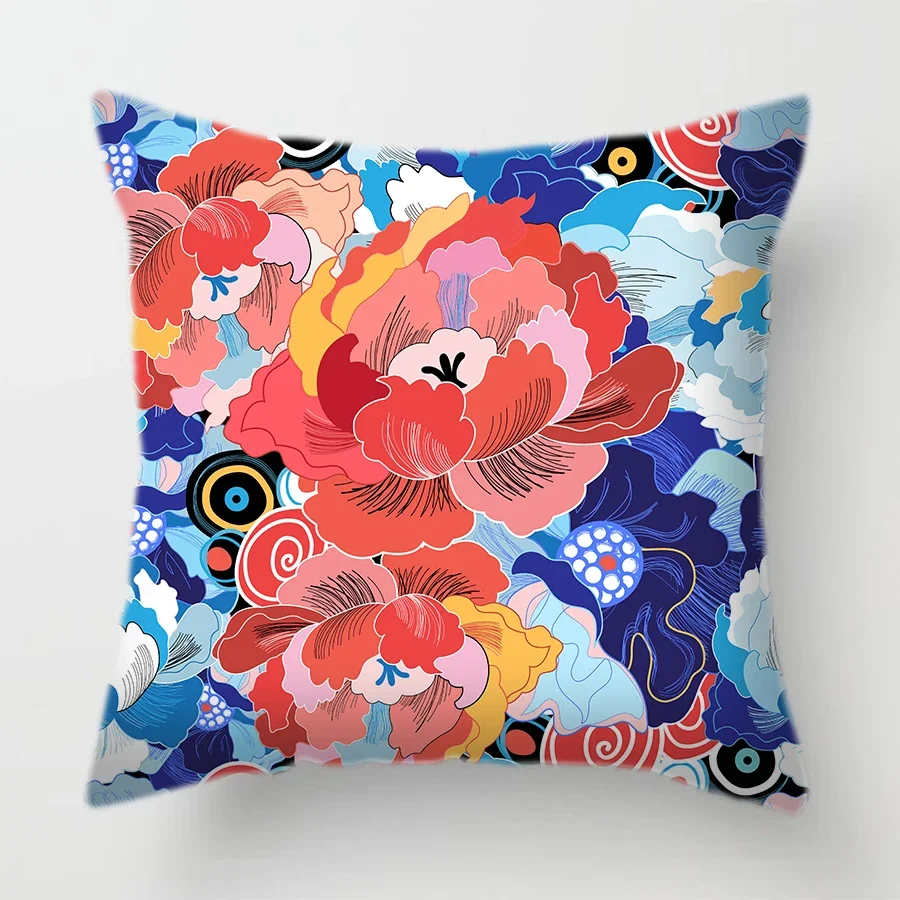 Japanese Style Sea Polyester Decorative Pillows Case Flower Bird Butterfly Printed Blue Geometric Cushion Cover for Sofa 45X45CM