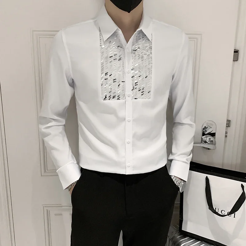 

2023 Sequin Stitching Men's Shirt Long Sleeve Slim Casual Shirt Social Party Tuxedo Men Clothing Streetwear Camisa Masculina