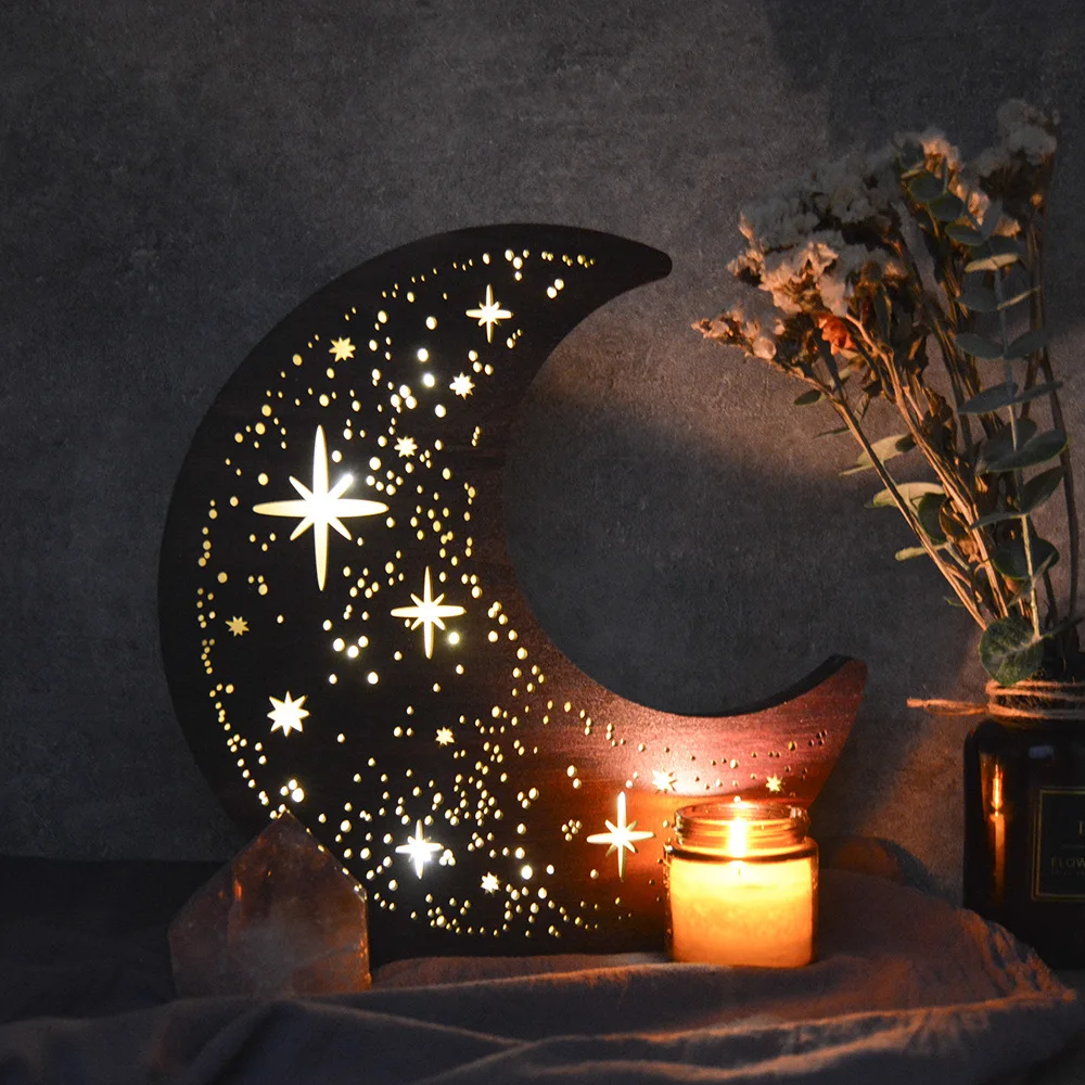 Bohemian Style Three-Dimensional Wooden Starry Sky Crescent Lamp Setting Platform Holiday Home Decoration Luminous Night Light