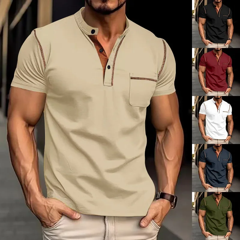 

Summer New Men's Short Sleeve T-Shirt Quick-Dry Casual American Style Henry Polo