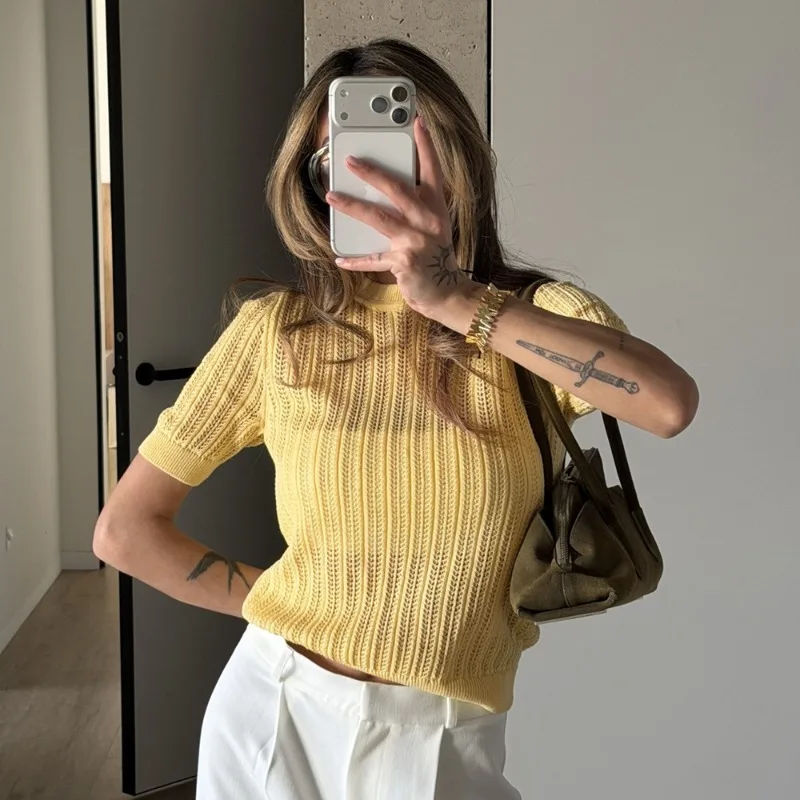 

Tuularose Women's Summer Pullover Fashion Hollow Solid See-through Short Knitted Top New Casual Streetwear Women's T-Shirts Tees