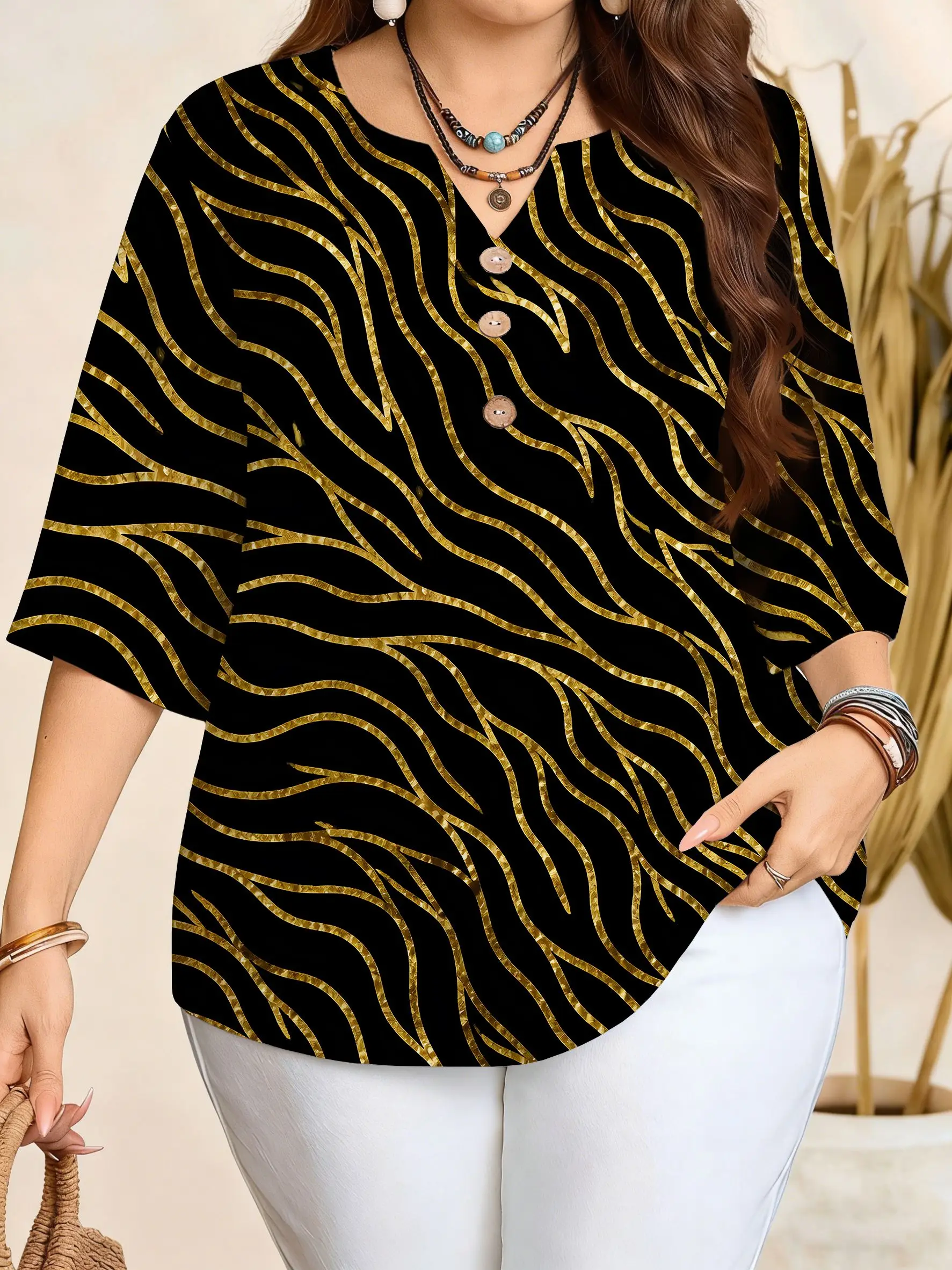 Plus Size Women African Giraffe Print Blouse Notched V‑Neck 3/4 Sleeve Buttons Loose Bohemian Casual Daily Top
