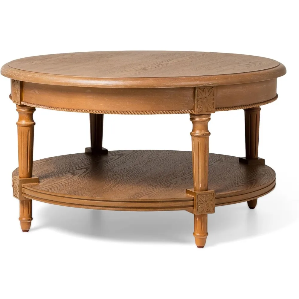 Pullman Large Curved 2 Tier Traditional Round Circle Wooden Center Coffee Table with Shelf Storage in Rustic Antiqued